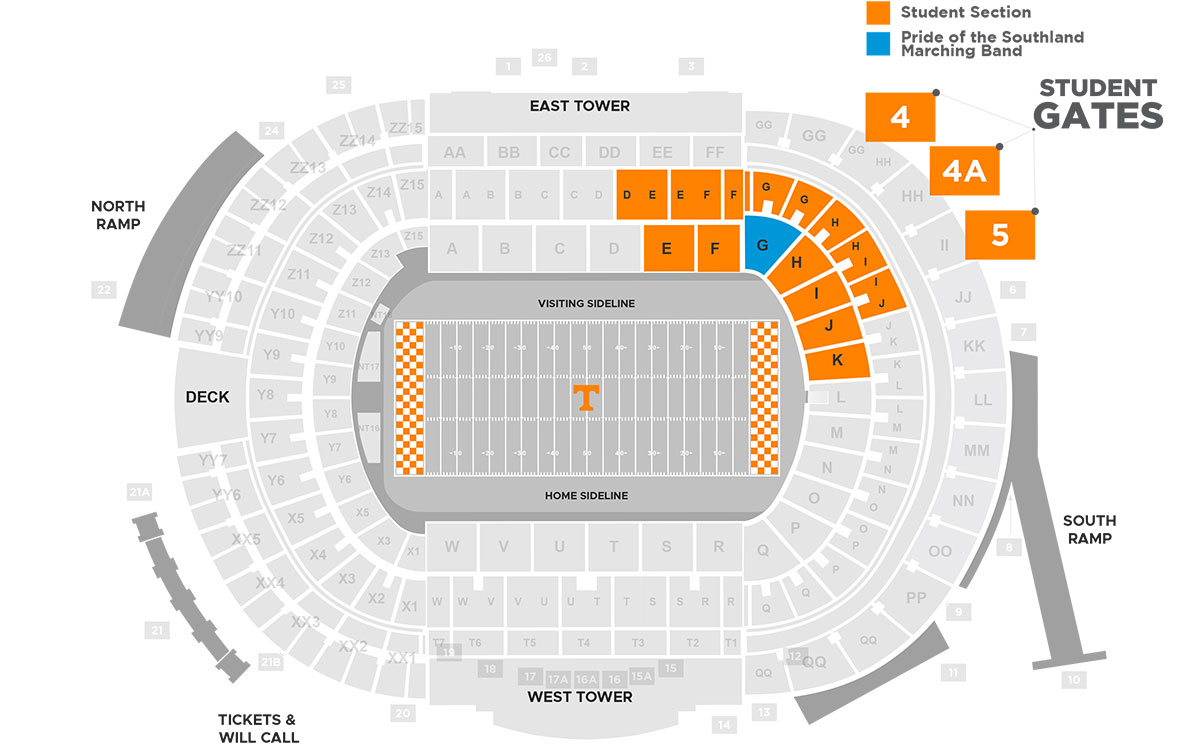Student seating section highlighted on the Neyland Stadium map