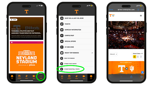 Mobile phone screen demonstrating the locations to click to request basketball tickets.