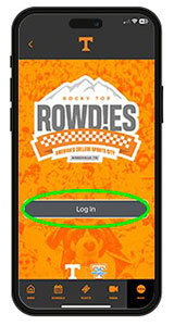 Screen shot of a mobile phone with the Rocky Top Rowdies home screen open and the "log in" button circled in neon green.