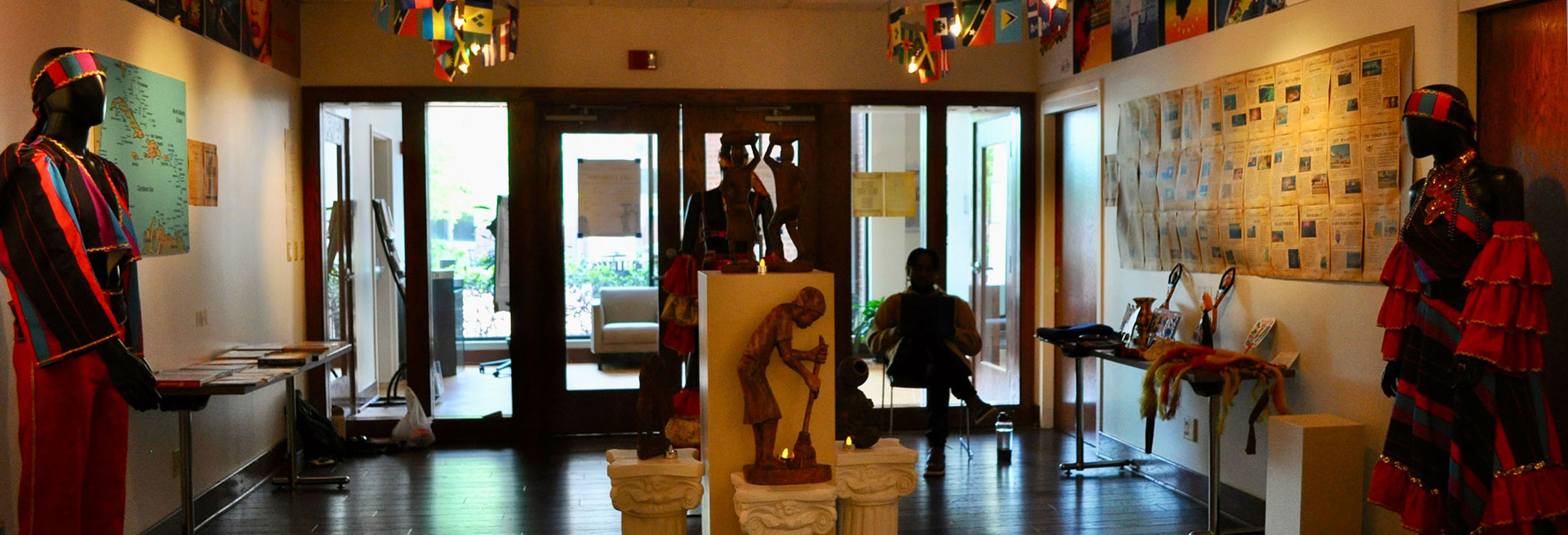 A panoramic view of the inside of the Frieson Black Cultural Center's art gallery.
