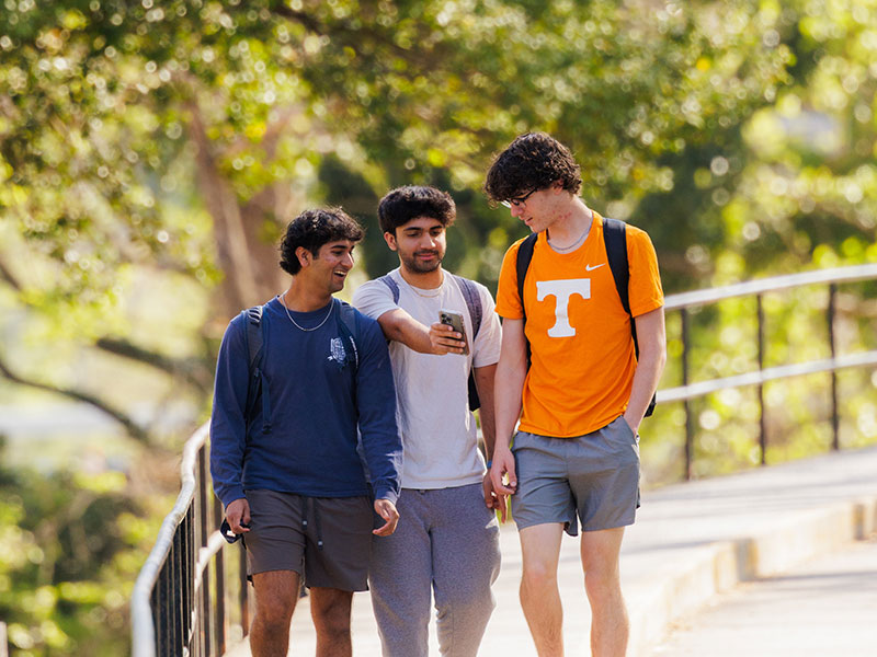 Three male students walk side by side down The Hill while the student in the middle holds out his phone to show something to his friends.