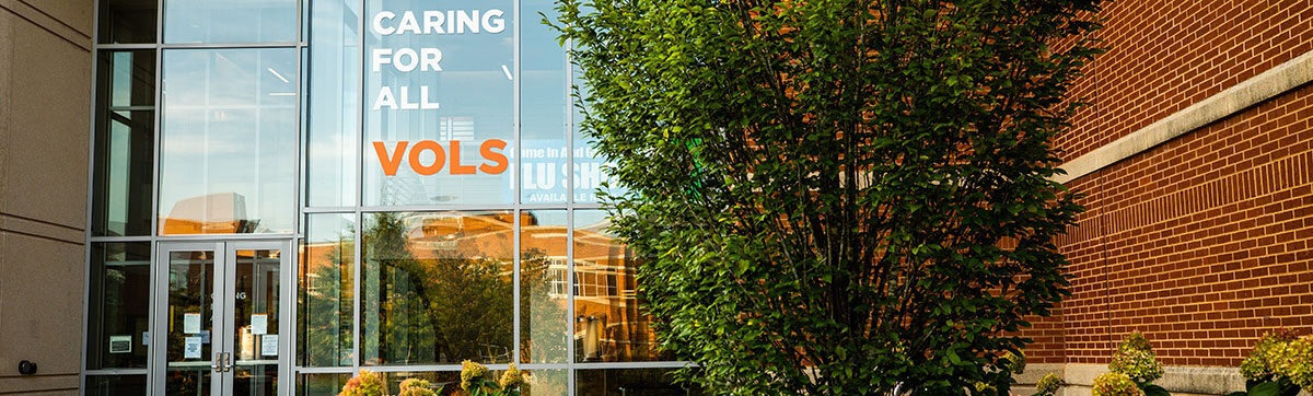 The Caring For All Vols sign outside of the Student Health Center and the Counseling Center.