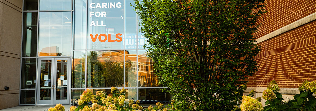 The Caring For All Vols sign outside of the Student Health Center and the Counseling Center.