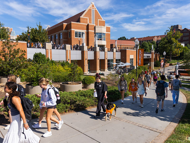 Students walk up the hill along Blueberry Falls with the Student Union in the background.