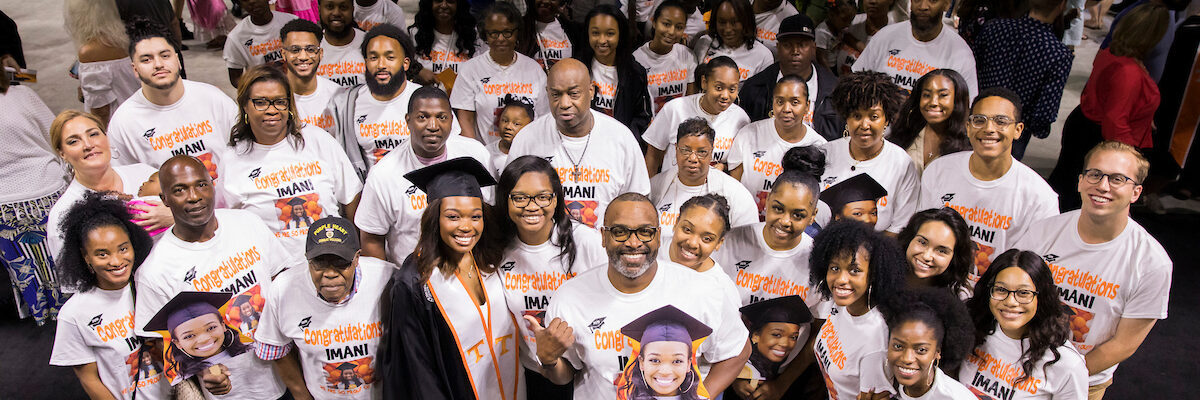 Family group photo after the College of Social Work Commencement inside Thompson-Boling Arena on May 11, 2019.