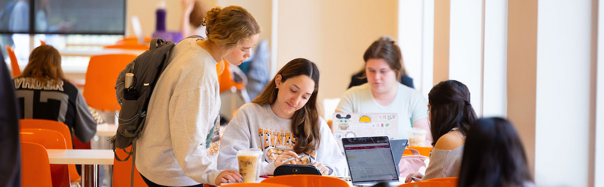 Students talking to each other in the Student Union while doing schoolwork.