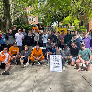 Members of Sigma Alpha Epsilon on Ped Walkway with Tony Vitello, the baseball coach for the University of Tennessee. They are doing a Dunk Tank to raise money for their philanthropy.