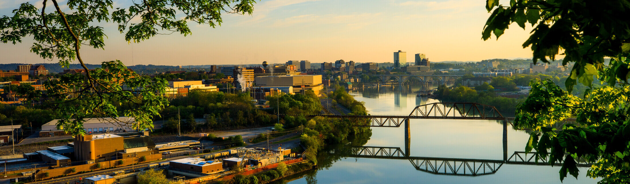 A scenic view of campus, downtown Knoxville, and the Tennessee River at sunrise from the River Bluff overlook on April 18, 2021. Photo by Steven Bridges/University of Tennessee