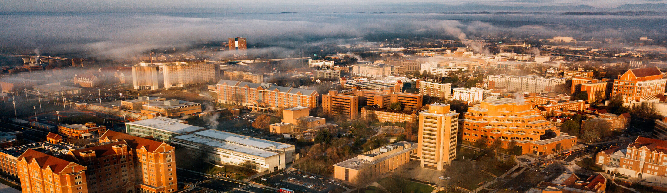 Aerial drone photo of campus during a foggy morning on February 04, 2019. Photo by Hayden Antal