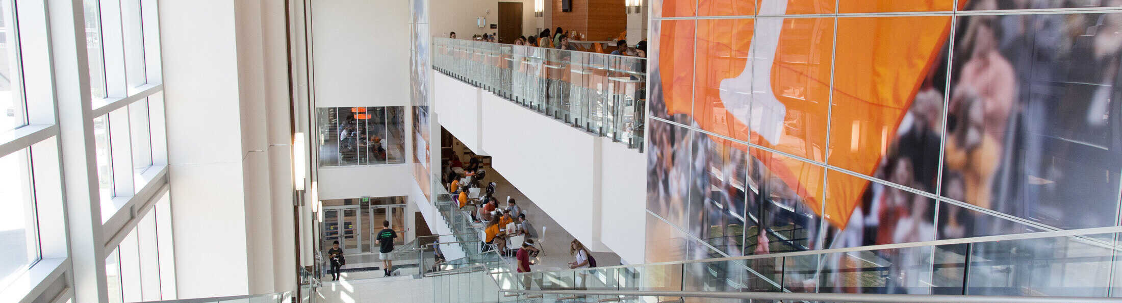 Stairway in the first phase of the Student Union with photo of Tennessee flag on the wall. Photo by B.J. Crawford