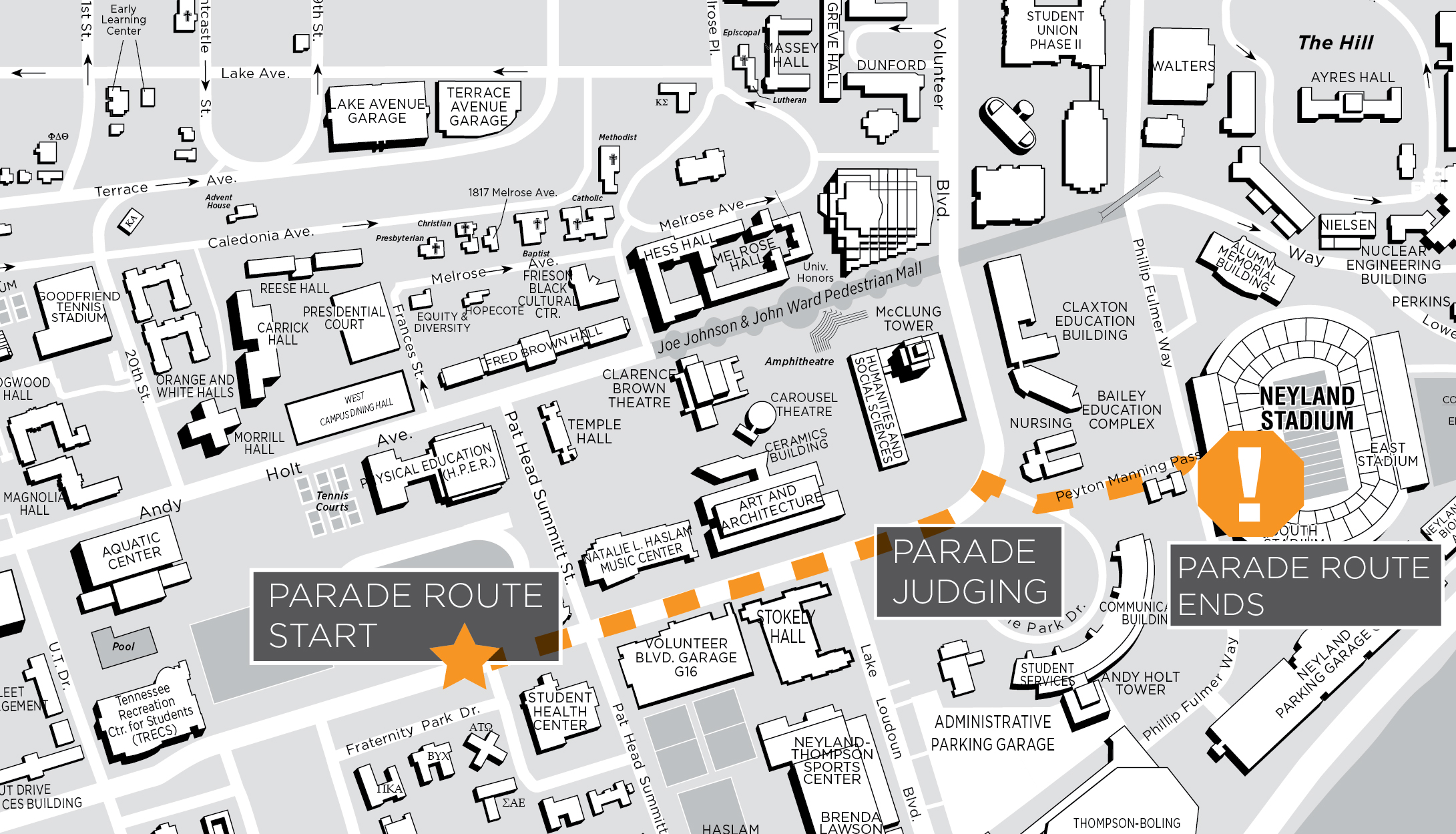The 2023 Homecoming parade route is highlighted on the campus map, starting on Volunteer Blvd. in front of Fraternity Park, heading east past Circle Park, and turning down Peyton Manning Pass to end in front of Neyland Stadium.