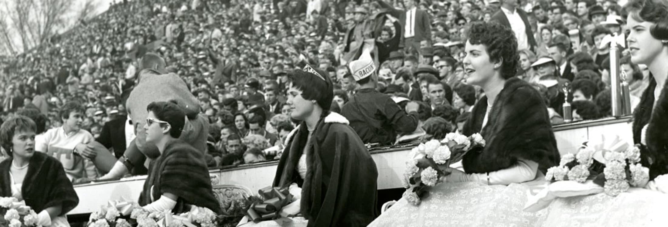 Black and white image of historic UT homecoming court