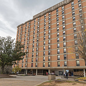 An exterior shot of South Carrick hall during the winter.