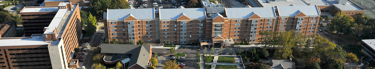 An aerial view of Brown and Hess Hall