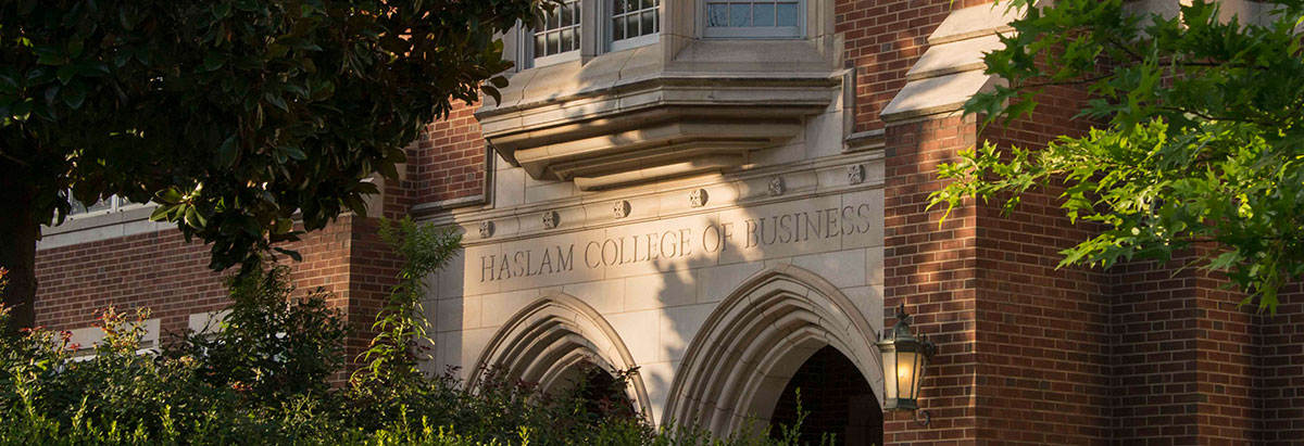 An exterior closeup shot of the Haslam College of Business