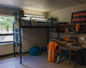 A lofted bed in Reese Hall during move in