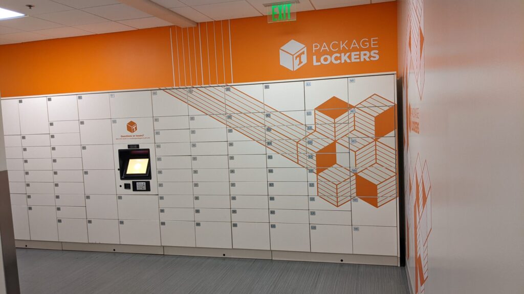 A wall of package lockers for students