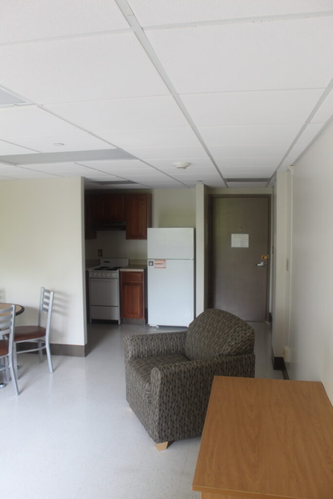 An undecorated room living area and kitchen with no lights on. It features chairs around a dining table, the white refrigerator, fabric lounge chair and television console