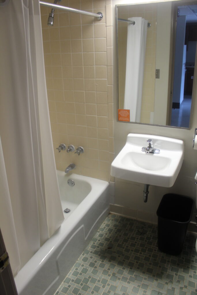 A bathtub and a freestanding white sink with a vertical rectangular mirror above it with green tile on the bathroom floor