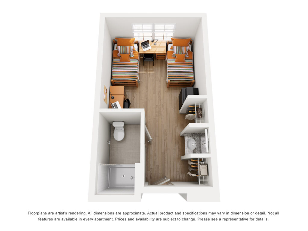 Overhead view of a 2-person suite floor plan