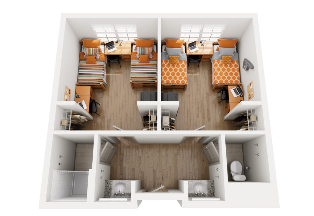 Overhead view of a 4-person suite floor plan