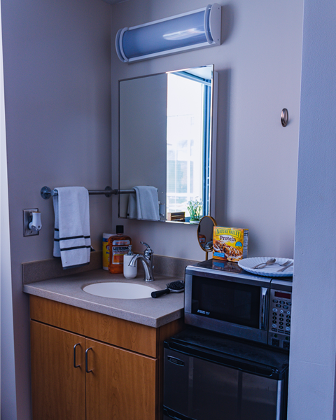 The brown hall sink and the fridge and microwave to the right of it.