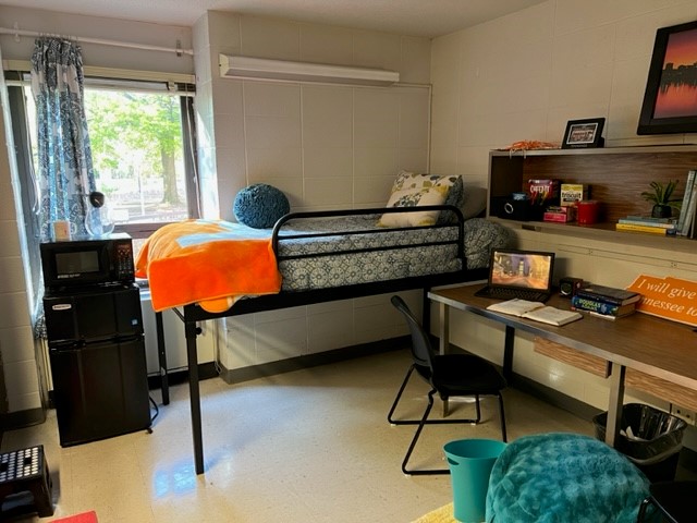 Decorated side of a dorm room in Reese Hall showing a bed, a desk, and a microwave/refridgerator.