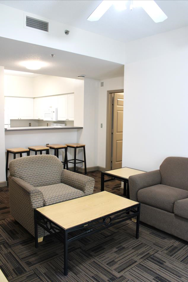 Common room in Vol Hall. A couch, a chair, a table with the kitchen in the background.