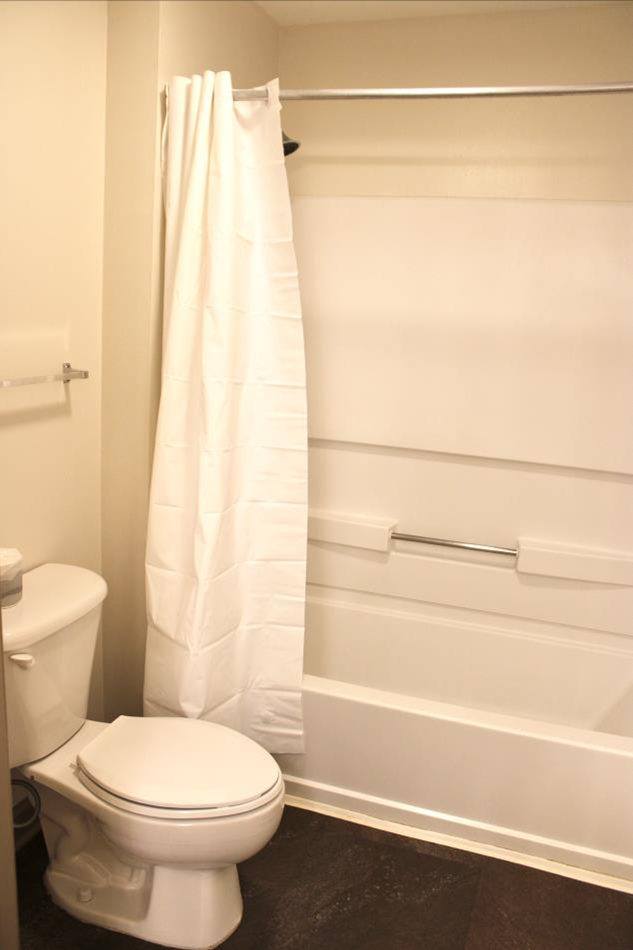 Empty bathroom showing the shower and toilet in Vol Hall.