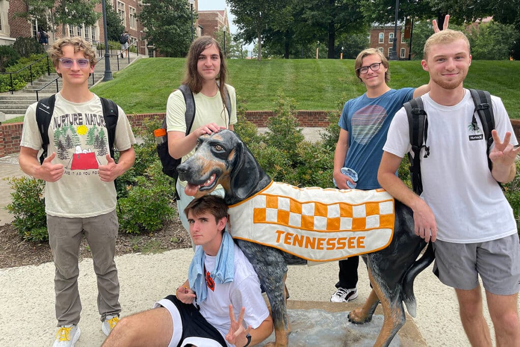Students involved in Engage LLC 2025 pose for a photo with Smokey