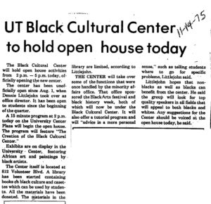 A Nov. 1975 newspaper article spotlights an open house event at the Black Cultural Center