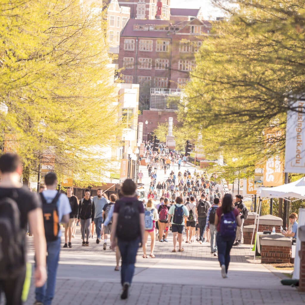 View of students walking on Pedestrian walkway towards Ayres Hall during class change. Photo by Jack Parker.