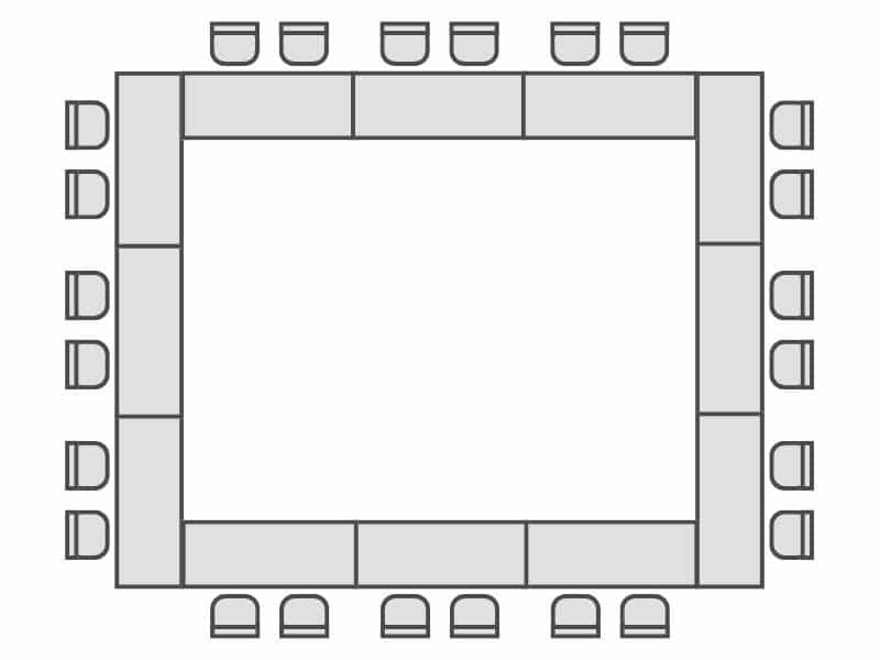 Aerial illustration of a square layout with tables in one large square, filling the space of the room. Seats are positioned on the outside of the square so that all participants are facing the center of the square and have table space in front of them.