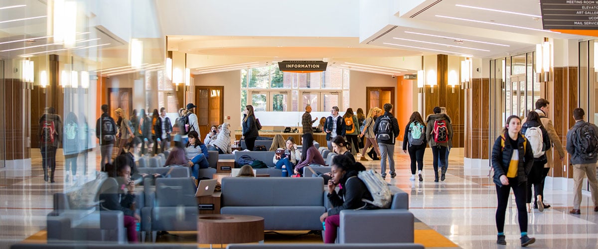 Students walking through the atrium of the Student Union