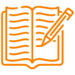 Orange graphic of a pencil writing in a book